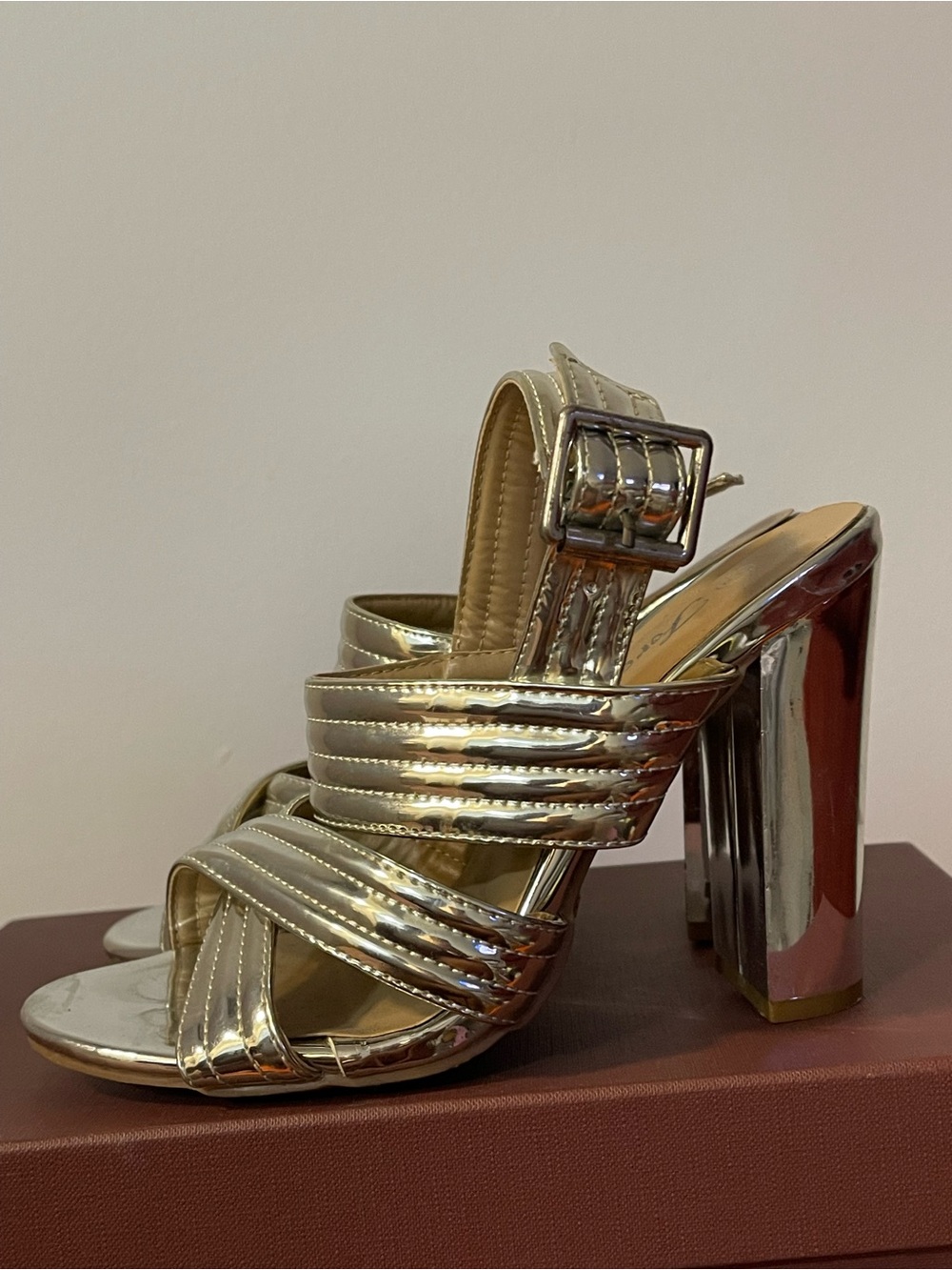 Forever 21 Metallic Gold Strappy Block Heel Mules